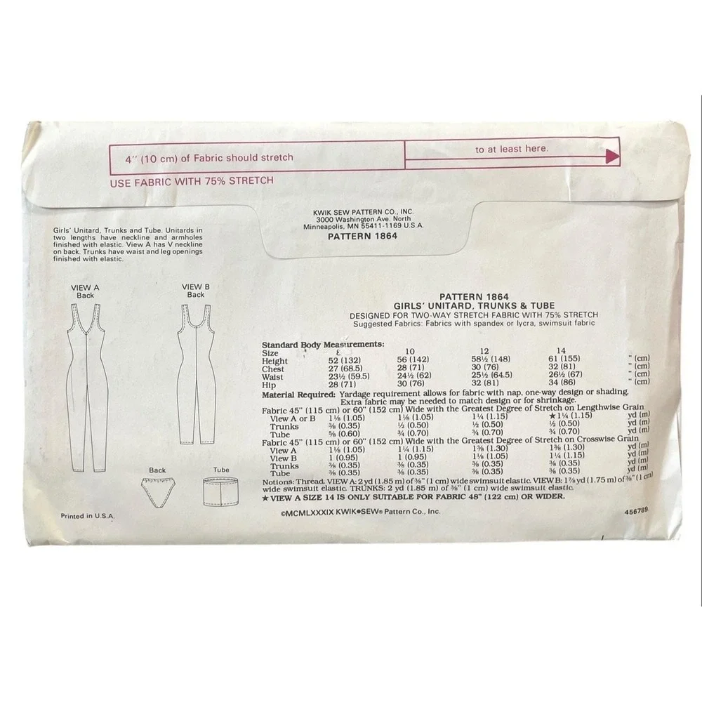 KWIK SEW‎ 1864 Girls Unitard Trunks Tube Sizes 8-10-12-14 80s Vintage